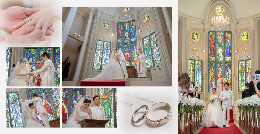 挙式は長いバージンロードと大きなステンドグラスが特徴の大聖堂で行われました。4頁目：結婚式アルバム