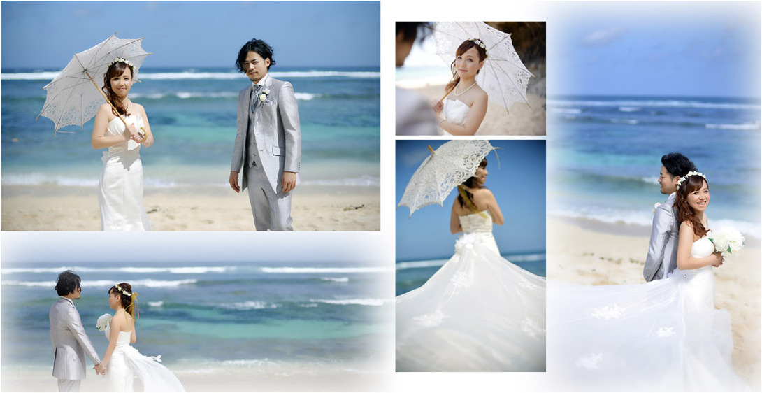 ビーチではパラソルも使いバリエーションに富んだ写真が並びます。5頁目：結婚式アルバム