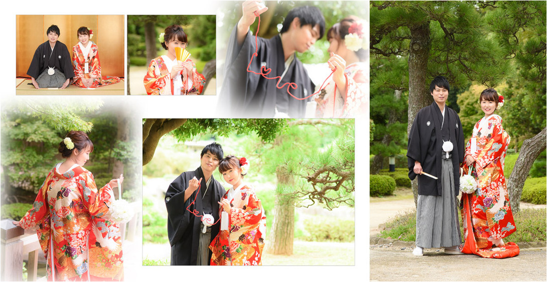 風情あふれる日本庭園のあちこちで撮影されました。2頁目：結婚式アルバム