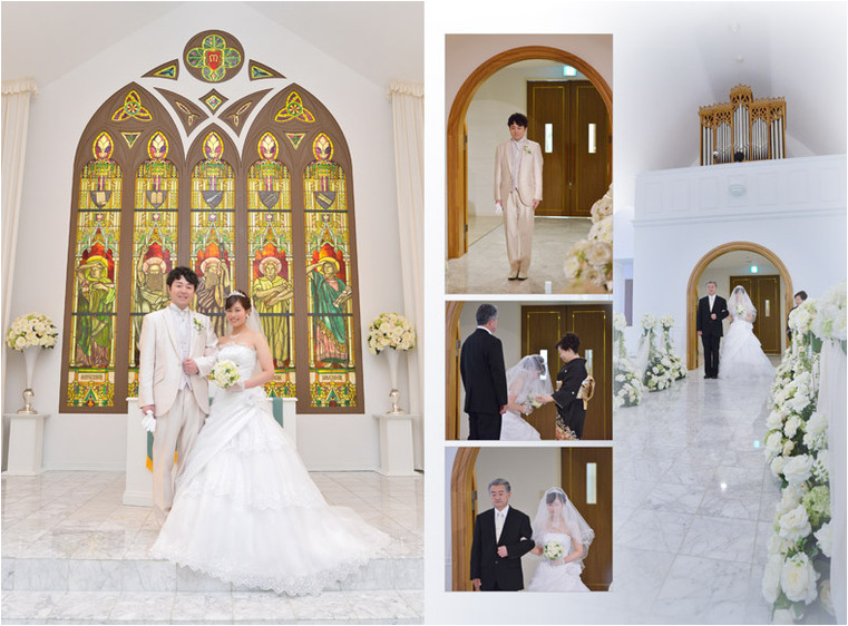 
式場は札幌にあるブランバーチ・チャペル。2頁目：結婚式アルバム