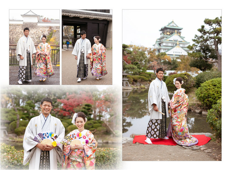 前撮りは大阪城をバックにしての和装をメインに、表紙にも選ばれた赤のドレスで街中でのタウンフォトも。2頁目：結婚式アルバム