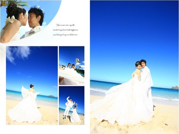 腰元のリボンが風に舞い、真っ青な空に羽ばたいているようです。4頁目：結婚式アルバム