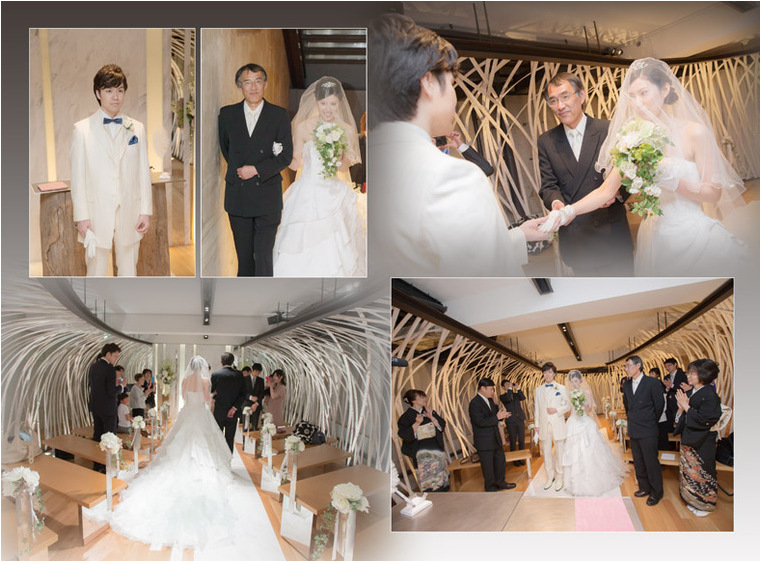 たくさんの竹の柱でアーチ状に囲まれたモダンなチャペルではご家族に見守られての挙式を。5頁目：結婚式アルバム