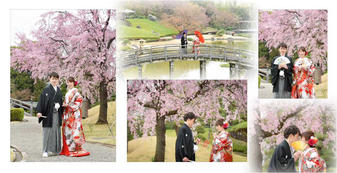 和風庭園での桜や竹林の前でのお写真は和装にピッタリです。3頁目：結婚式アルバム