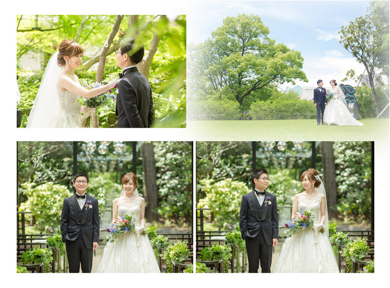 庭園での撮影は、鮮やかな緑にウエディングドレスが映えます。2頁目：結婚式アルバム