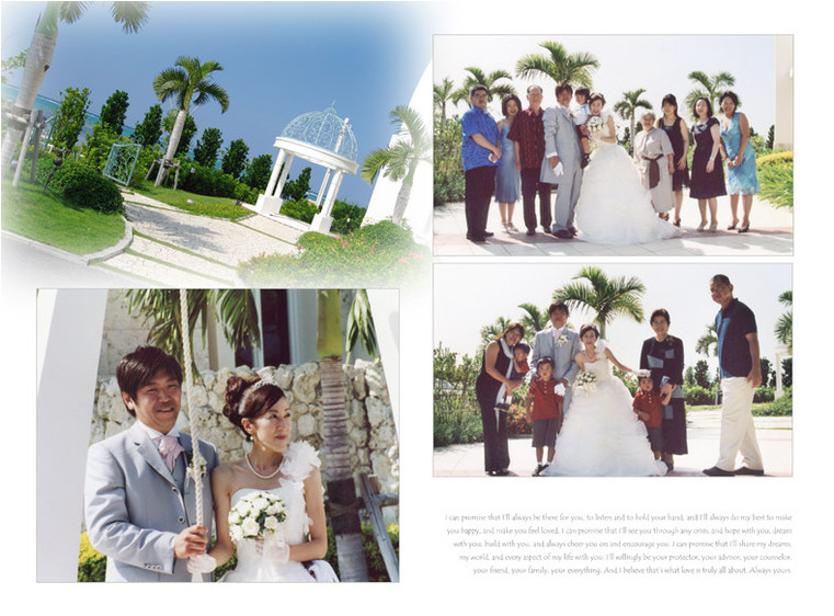 入場するお二人を迎えるのは全面ガラス張りの向こうに広がる沖縄の空と海。4頁目：結婚式アルバム