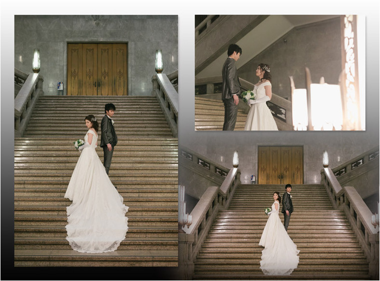 「各写真を大きめに、大階段での写真は目立たせたい」とのご要望を頂きましたので、 写真は詰め込み過ぎず、大人っぽい上質なイメージでデザインさせていただきました。3頁目：結婚式アルバム