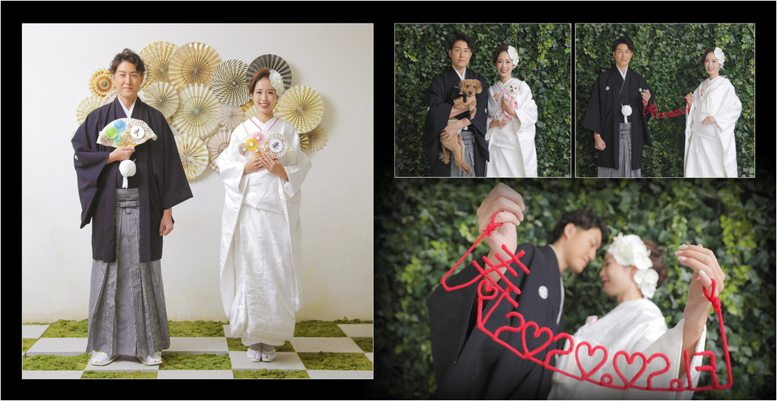 
２匹のわんちゃんは和装の前撮りにも、おめかしして参加しました。2頁目：結婚式アルバム