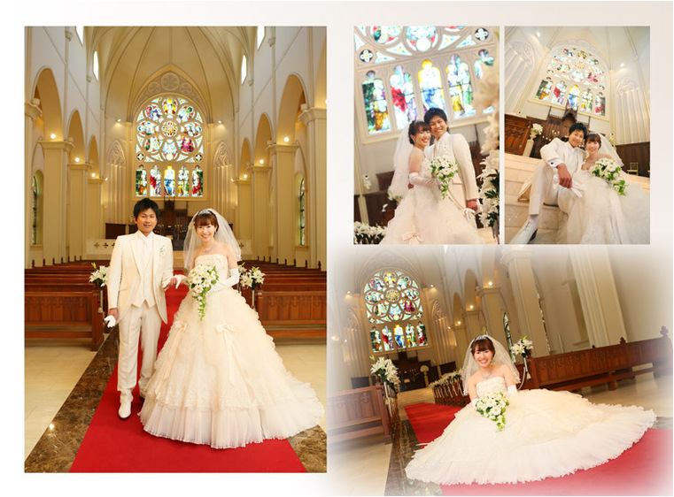 前撮りでは、大聖堂の美しいステンドグラスを背にお二人の幸せそうな笑顔が溢れます。2頁目：結婚式アルバム