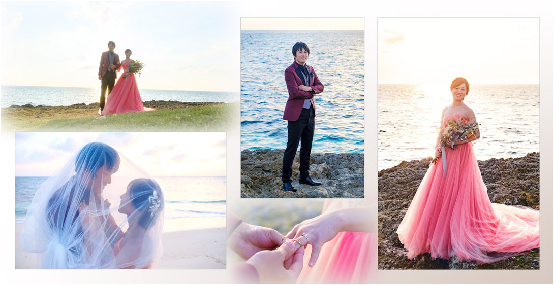 また前撮りは宮古島にて、眩しい太陽とサンセットの美しい海の両方を堪能されました。4頁目：結婚式アルバム