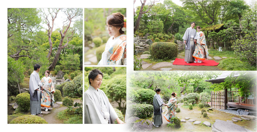 新緑の鮮やかな木々に囲まれたお庭でのお写真から始まります。2頁目：結婚式アルバム