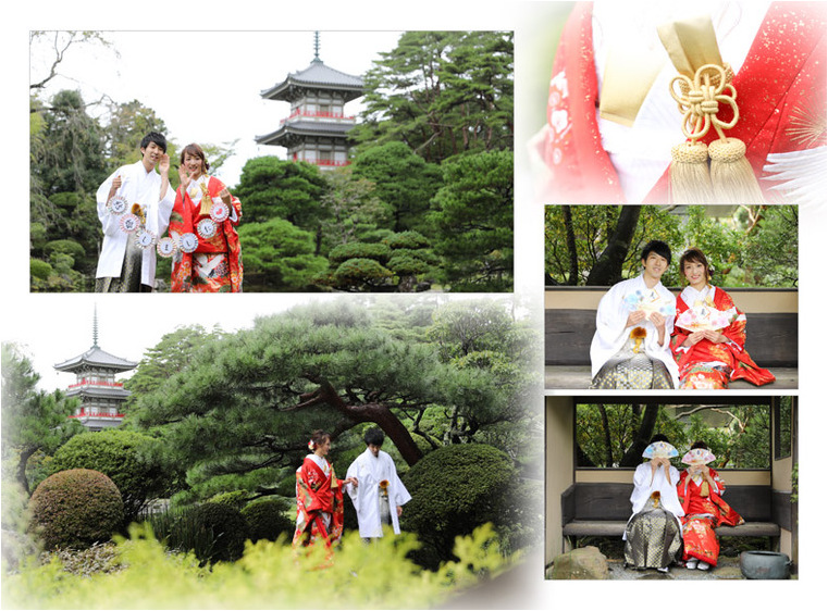 新郎は白紋付、新婦は艶やかな色打掛をお召になり、歴史あるお寺と広大な庭園に美しく映えています。4頁目：結婚式アルバム