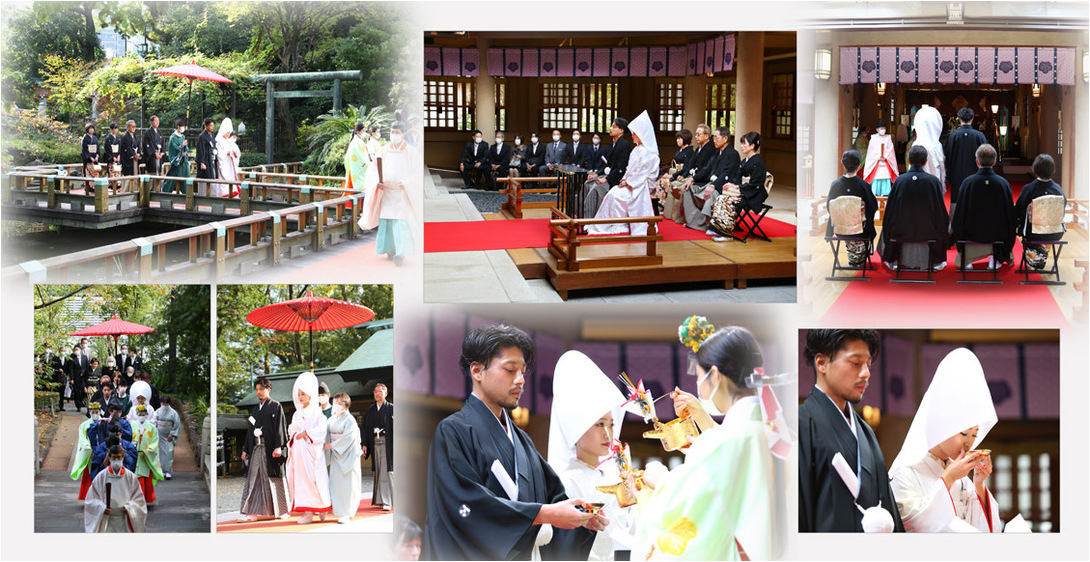 挙式は東郷神社での神前式。4頁目：結婚式アルバム