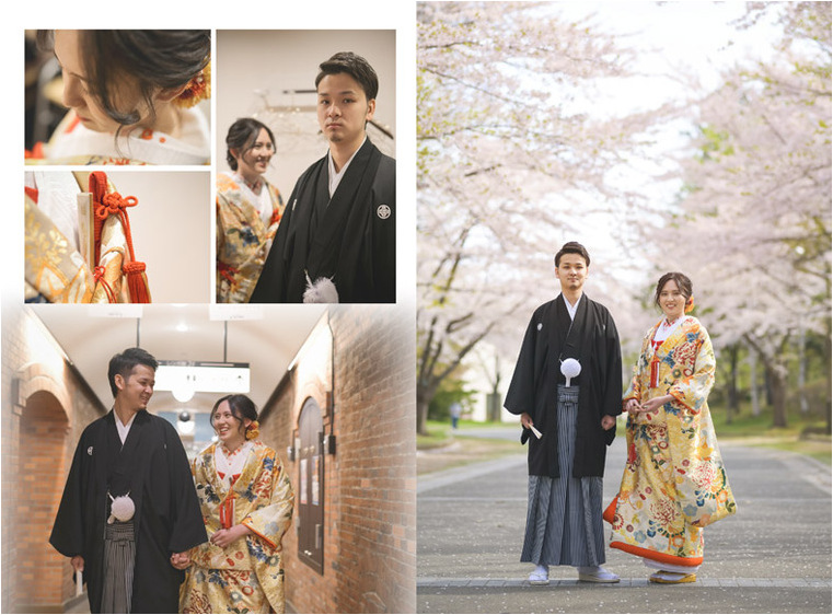 新郎は紋付袴を、新婦は花模様があでやかな色打掛をお召しになり、桜の季節にピッタリの装いです。2頁目：結婚式アルバム