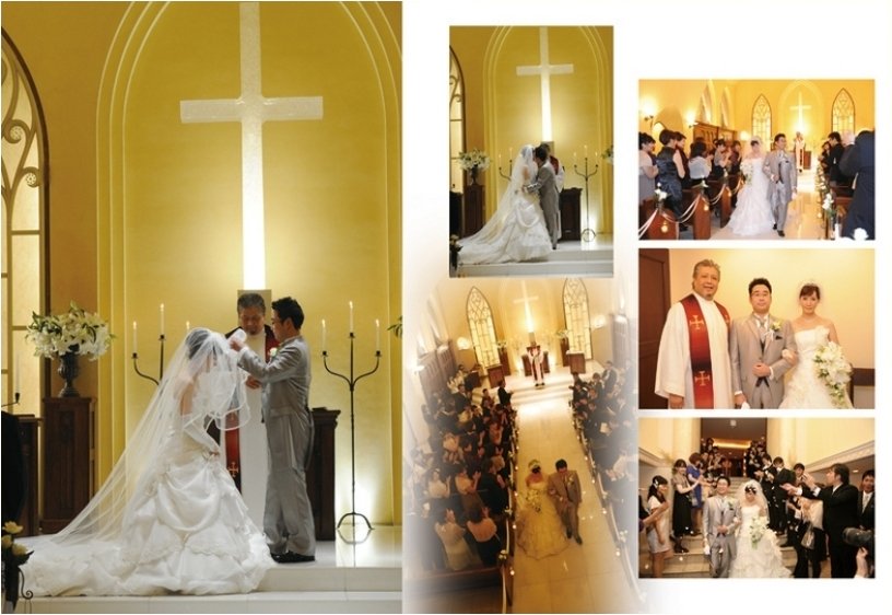 ライトアップされた教会もキラキラと輝きを放っていて、ロマンチックですね。7頁目：結婚式アルバム