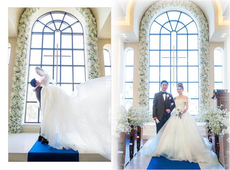 ウェデングドレスで撮影はまんまるのシニヨンを高く結い上げてのプリンセス風のスタイル。2頁目：結婚式アルバム