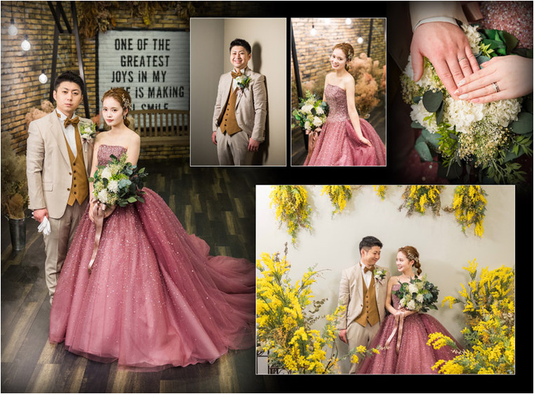 暗めピンクのドレスにはキラキラのビジューがたっぷり。7頁目：結婚式アルバム