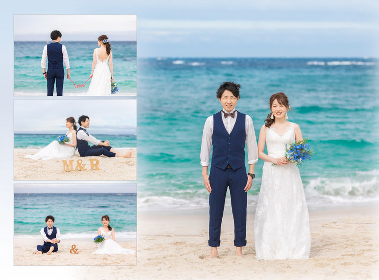 ビーチでの撮影は和歌山県の白良浜にて。2頁目：結婚式アルバム
