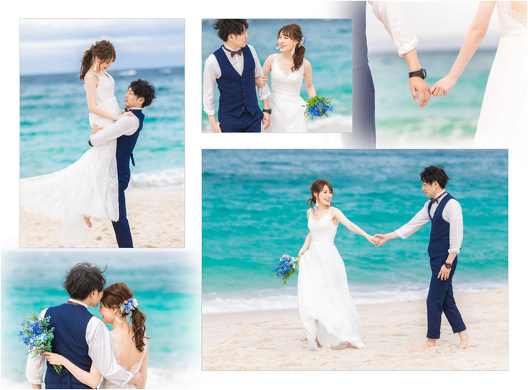 新郎はラフに裾と袖をまくり、新婦の手には海の色とおそろいの青いブーケ。4頁目：結婚式アルバム