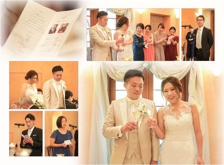 軽井沢ホテルブレストンコートでの披露宴は、ゲストとのお写真も入れ賑やかな雰囲気が伝わってきます。6頁目：結婚式アルバム