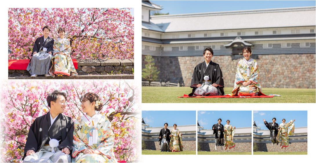 満開の桜をはじめ、和風庭園の中での撮影を楽しまれました。4頁目：結婚式アルバム