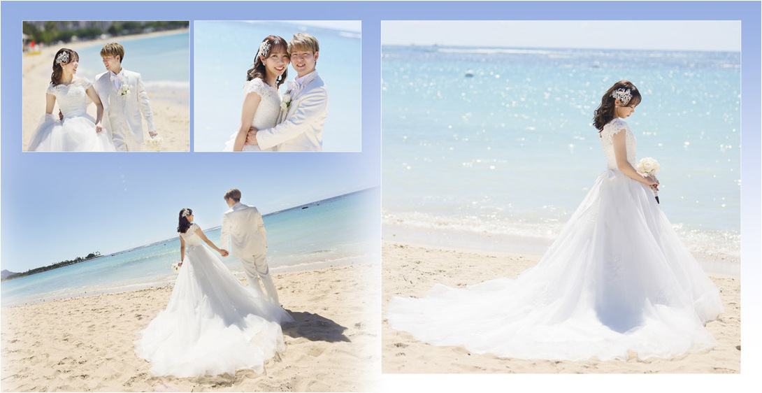 ホテル前でのダイナミックなお写真の表紙をめくると、ぬけるような青空ときらめく海面のワイキキビーチが目に飛び込んできます。2頁目：結婚式アルバム