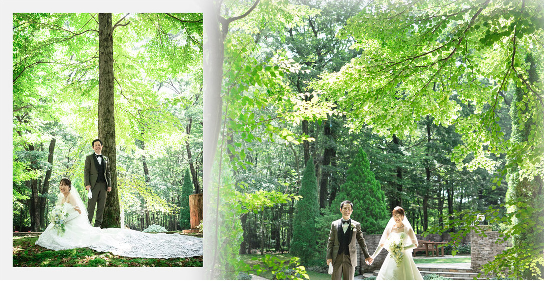 和装前撮りでの日本庭園でのお写真も緑に囲まれています。7頁目：結婚式アルバム