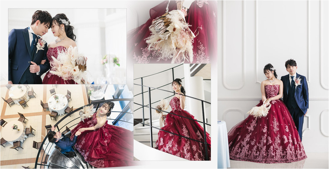 ワインレッドの印象的なカラードレスとトレーンのレースが可愛らしいウエディングドレスはどちらもとってもお似合いです。3頁目：結婚式アルバム