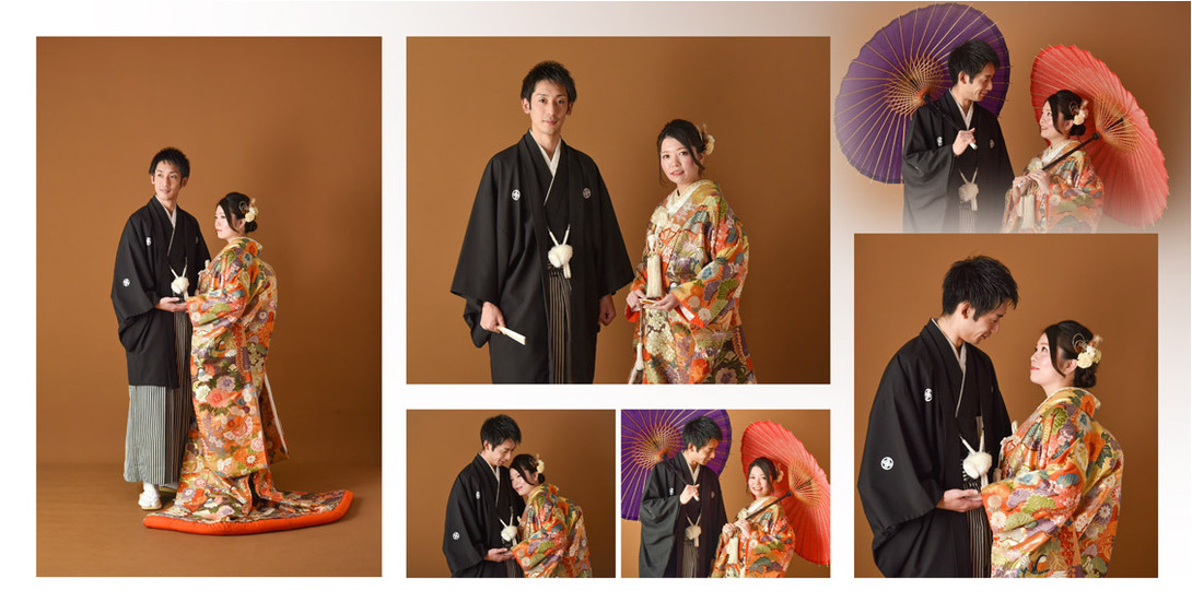 紋付袴と色打掛に身を包み、キリッとした表情のお二人にこちらも背筋が伸びます。2頁目：結婚式アルバム