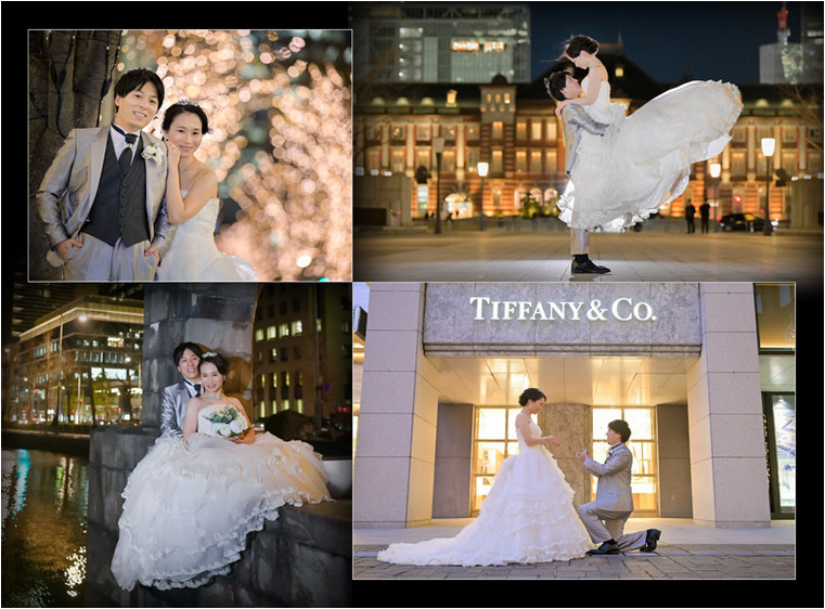洋装前撮りは東京駅周辺にてナイトロケーション。2頁目：結婚式アルバム