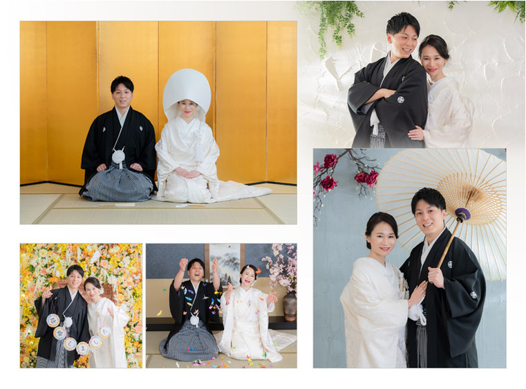 和装は白無垢と色打掛で撮影をされ、どちらも見開き1ページにコンパクトにまとめました。3頁目：結婚式アルバム