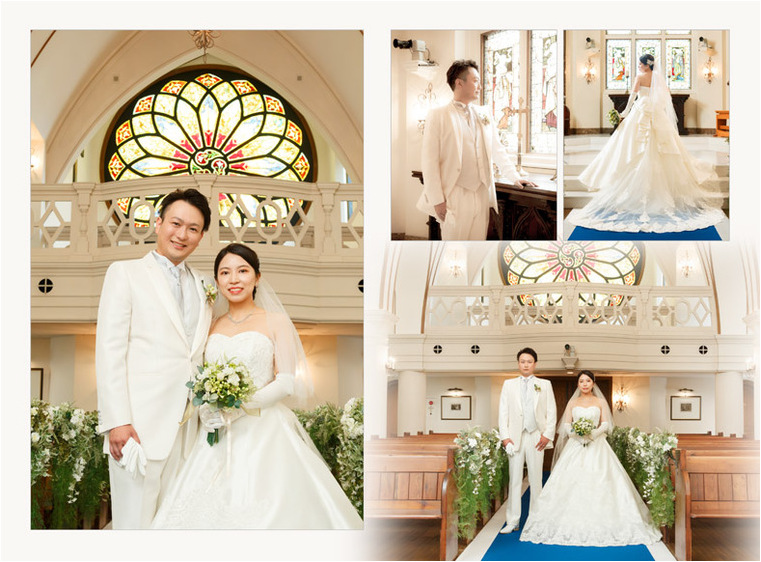 洋装での撮影は丸く大きなステンドグラスが特徴的なチャペルにて。2頁目：結婚式アルバム