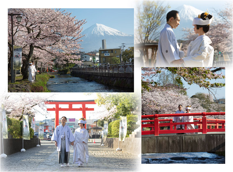 由緒ある富士山本宮浅間大社は桜の名所としても知られ、この季節ならではの美しいお写真が並びます。2頁目：結婚式アルバム