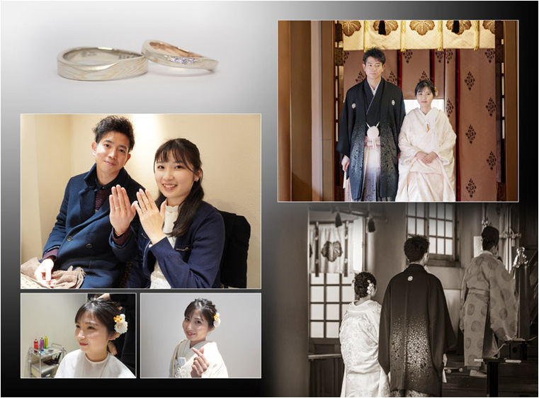 ご両親とともに挙式を終えられたお二人、満開の桜のもとでの撮影を楽しまれました。2頁目：結婚式アルバム