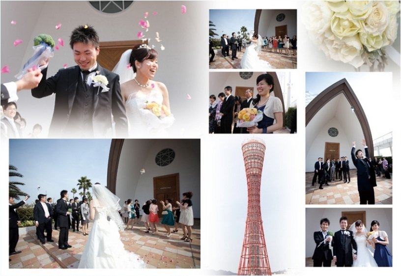
海風が心地よい神戸ポートタワーの麓でのフラワーシャワーやブーケトスは開放感いっぱいです。6頁目：結婚式アルバム