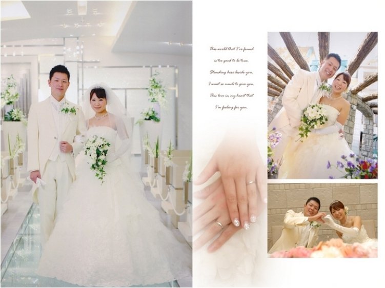 
結婚式場は新大阪にあるパレス愛（現在はデュクラス大阪としてリニューアルされています）。2頁目：結婚式アルバム