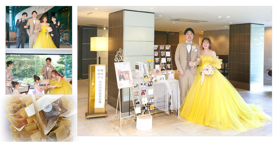 29〜30ページ：ウェルカムスペースと、黄色いドレスの新婦と並ぶ新郎