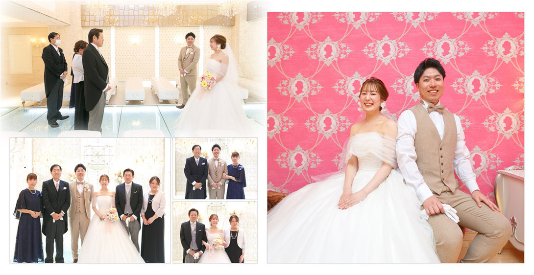 5〜6ページ：ご家族との記念写真と、ピンクの壁の前で並ぶ二人