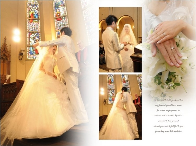 お色直しは鮮やかなピンクのドレスに大きな花冠をつけて。6頁目：結婚式アルバム