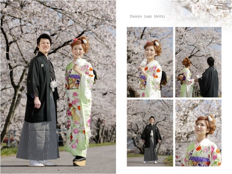 
前撮りは桜満開の河川敷で撮影され、新郎は紋付き袴、新婦は綺麗なグリーンの振り袖をお召になられました。2頁目：結婚式アルバム