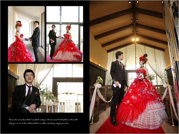 
お色直しでは新婦は黒がアクセントの個性的な赤色のドレスにお召し替え。8頁目：結婚式アルバム