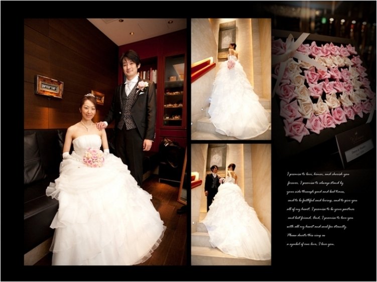 最後には新婚旅行の写真を収め、思い出の一枚は裏表紙を飾っています。8頁目：結婚式アルバム