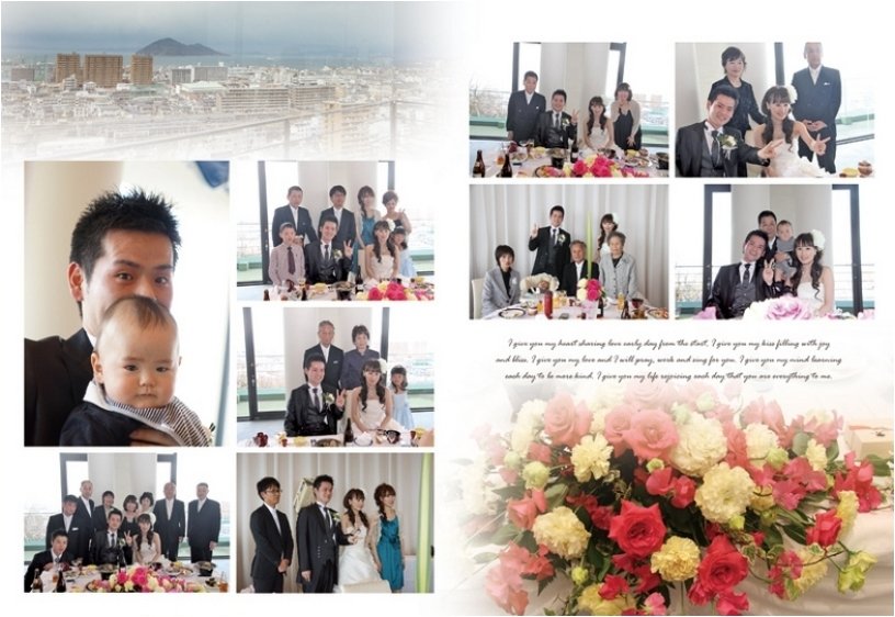 
裏表紙は満開の桜の下、お子様との３人の写真で締めくくられます。8頁目：結婚式アルバム