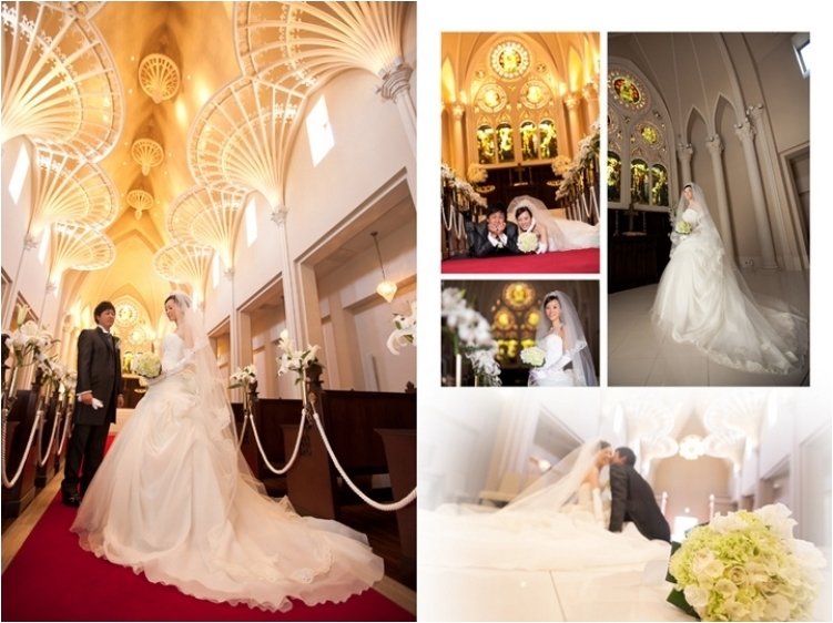 本格的なゴシック様式のチャペルの高い天井には花嫁のベールをモチーフにした美しい装飾模様が。2頁目：結婚式アルバム