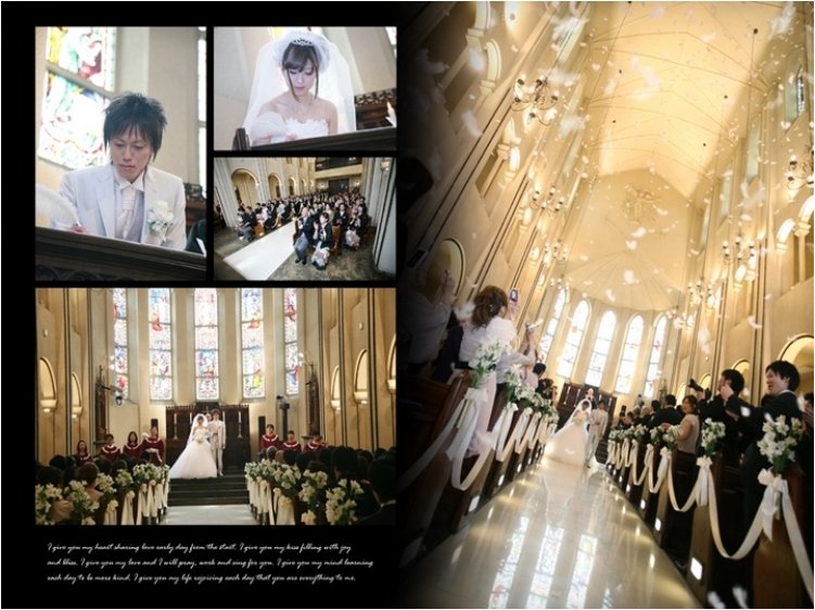 新郎新婦の純白の正装がひときわ輝く美しい大聖堂では、ステンドグラスからの光に包まれた幻想的な挙式風景が楽しめます。5頁目：結婚式アルバム