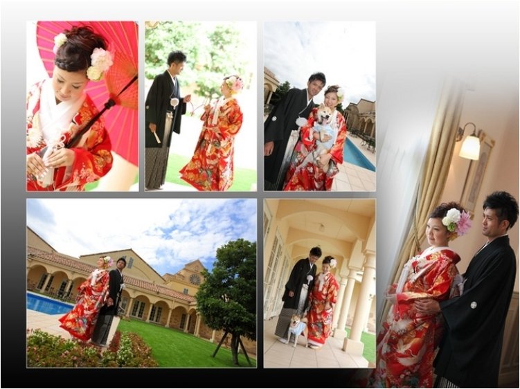 
ウエディングドレス、色打掛、カラードレスの前撮りを１ページずつまとめました。3頁目：結婚式アルバム