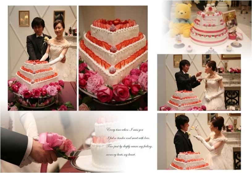 ピンクの装花や小物、大きなハート型のウェディングケーキが会場中を飾り、ゲスト全員がラブリーな雰囲気に酔いしれました。10頁目：結婚式アルバム