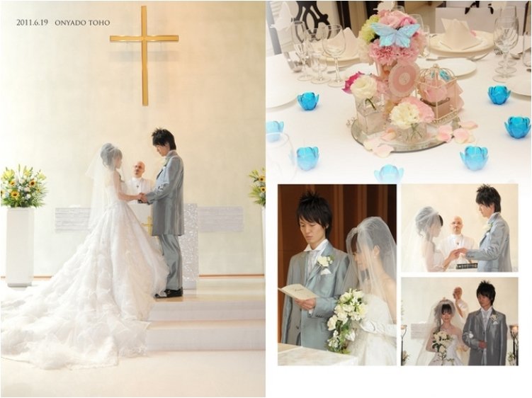 
テーブルごとにポーズが違う集合写真は全員の息がぴったりで見ていて楽しいですね。5頁目：結婚式アルバム