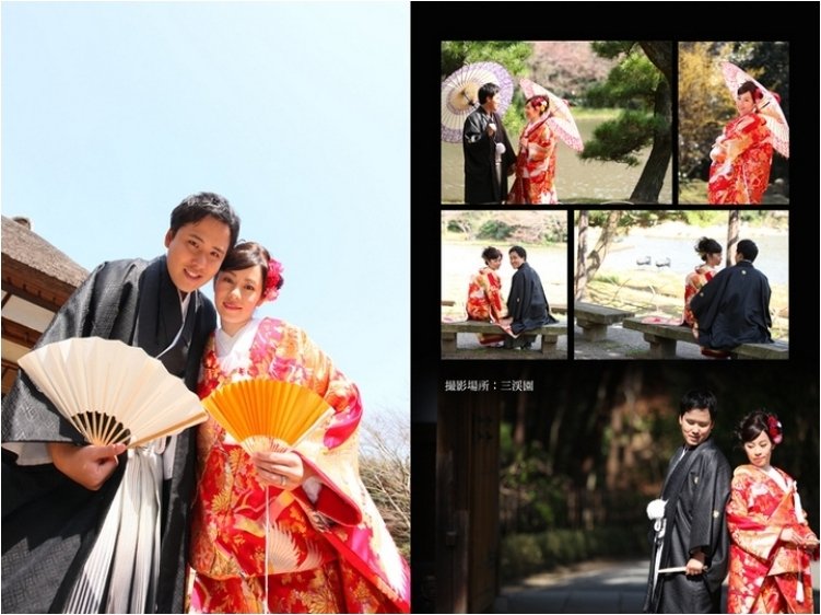 赤い色打掛が印象的な和装の撮影は三渓園にて。2頁目：結婚式アルバム