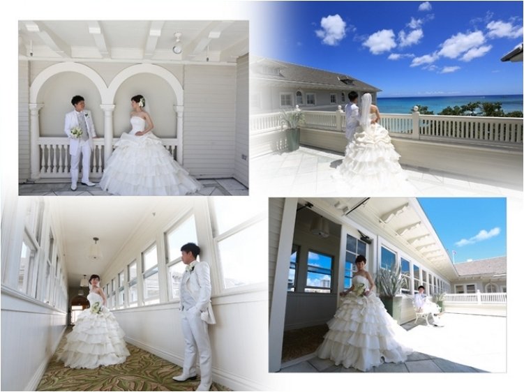 ビーチフォトでのミニ丈のウェデングドレス姿は、ハワイの開放的で爽やかな雰囲気にピッタリ。4頁目：結婚式アルバム